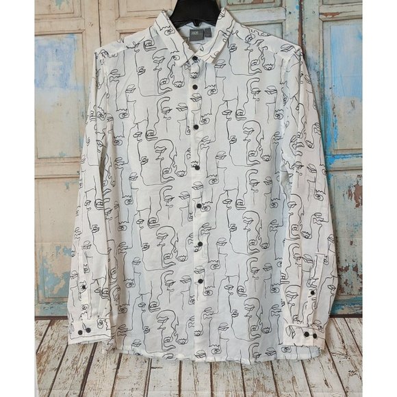Asos Womens Size XL White Sketchy Faces Print Long Sleeve Button Up Shirt Top - Picture 1 of 7